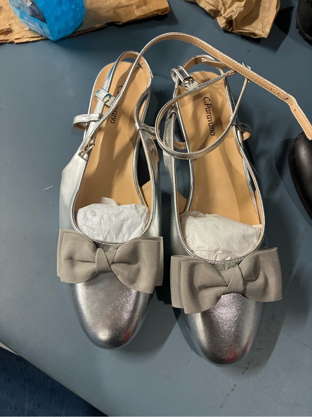 C. Paravano Silver Metallic Bow Slingback Flats 11